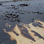 crude oil spill on the stone at the beach